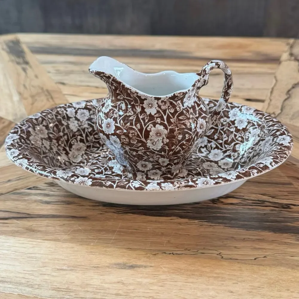 Vintage Royal Crownford Brown Calico Pitcher and Wash Basin Set, Staffordshire
